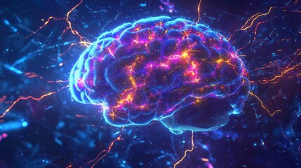 Poster - detailed digital illustration of a human brain showcasing vibrant electrical activity. The background is a rich blue, with bright flashes and lightning