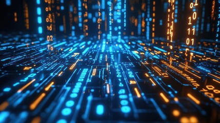 Poster - computer screen with binary numbers highlighted as they move rapidly,