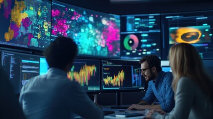 Poster - A programmer analyzing complex data on multiple computer screens, showcasing code related