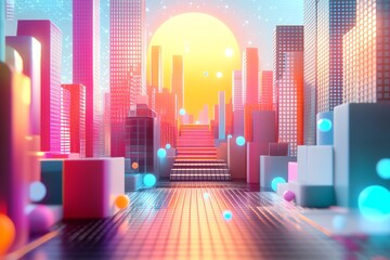 Aufkleber - A futuristic city skyline with a glowing sun in the background and a staircase leading to a bright future.