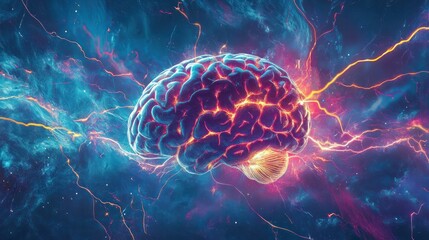 Poster - detailed digital illustration of a human brain showcasing vibrant electrical activity. The background is a rich blue, with bright flashes and lightning