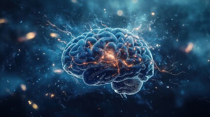 Poster - detailed digital illustration of a human brain showcasing vibrant electrical activity. The background is a rich blue, with bright flashes and lightning