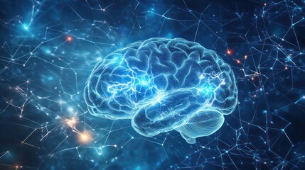Poster - detailed digital illustration of a human brain showcasing vibrant electrical activity. The background is a rich blue, with bright flashes and lightning