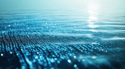 Fototapete - conceptual artwork featuring a blend of blurry computer language intertwined with the serene beauty of a calm blue water surface.