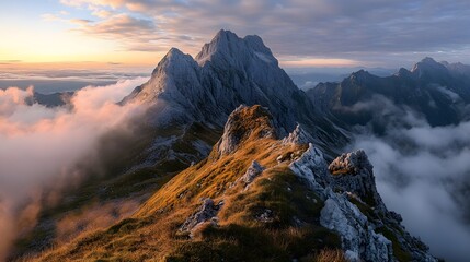 Breathtaking Views From Mangart Peak at Stunning Sunrise. Peaks Above Clouds.