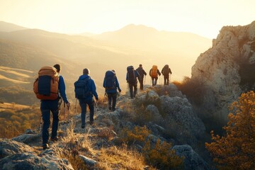 Wall Mural - a group of hikers ascending a mountain trail at sunrise, embracing teamwork and adventure in a stunn