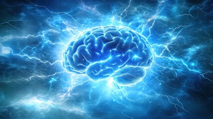 Poster - detailed digital illustration of a human brain showcasing vibrant electrical activity. The background is a rich blue, with bright flashes and lightning