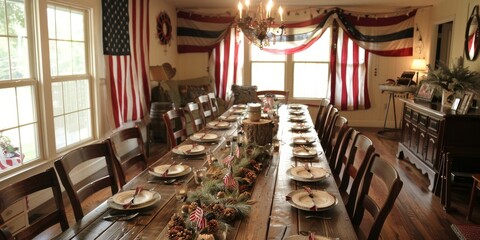 Wall Mural - Stylish indoor Memorial Day party with vintage patriotic decorations.