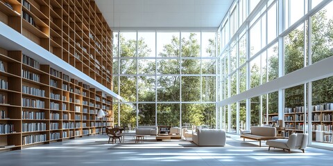 Aufkleber - Modern library interior with large windows overlooking a green garden.