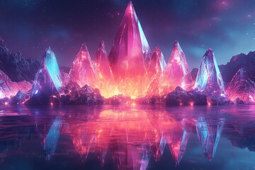 Poster - A glowing mountain range with neon pink and blue colors reflected in the water.