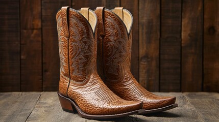 Rustic Leather Cowboy Boots on Wooden Surface with Dark Background