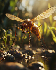 Close-up of mosquitoes, mosquitoes or forest mosquitoes with the scientific name Aedes albopictus (Stegomyia albopicta), mosquitoes that suck blood in human body parts
