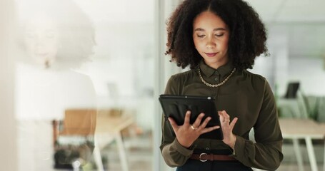 Poster - Office, reading and woman with tablet checking email, schedule or online review for business planning. Thinking, scroll and businesswoman with digital app for connectivity, research or web report