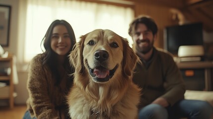 Father and adult daughter happily posing with a big dog inside their home, capturing a joyful moment of love and companionship, perfect for showcasing family bonds and pet ownership.