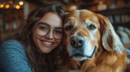 Father and adult daughter happily posing with a big dog inside their home, capturing a joyful moment of love and companionship, perfect for showcasing family bonds and pet ownership.