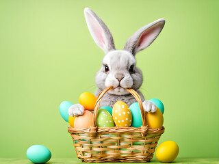 Easter bunny rabbit with shopping basket and sweet colorful eggs on green and yellow background