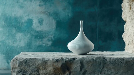 Canvas Print - A smooth ceramic vase on a textured stone table, with a rich blue wall providing depth and contrast in this minimalist scene.