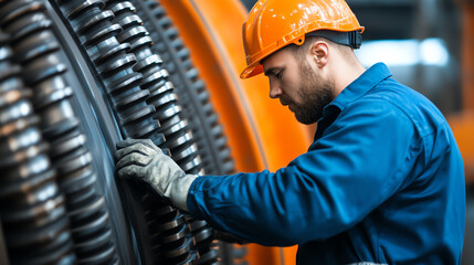 A focused worker in a hard hat inspects industrial machinery, showcasing dedication and expertise in a manufacturing environment.