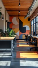 Poster - A modern office space with a colorful mural on the wall and a variety of chairs and desks. The room is bright and inviting, with natural light streaming in from the windows