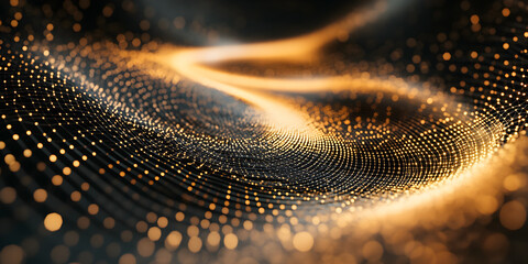 Poster - Abstract Gold Wave: A mesmerizing, abstract digital art piece with a captivating, wave-like pattern composed of tiny, shimmering gold dots on a black background. The wave emanates a soft glow.