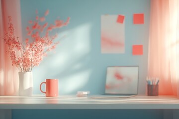 Poster - Minimalistic Home Study Workspace with Laptop and Coffee Mug in Soft Pastel Tones