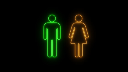 Neon line man and woman toilet icon on black background. Colorful WC toilet icon.