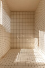 Poster - A white bathroom with a tiled wall and a window. The tiles are arranged in a grid pattern, and the room is very clean and bright