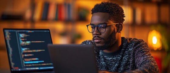 Leinwandbilder - Focused Man Learning Programming on Laptop in Cozy Home Environment