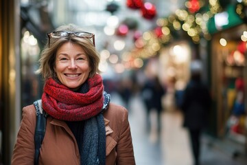 Happy smiling middle aged woman in winter clothes at street Christmas market in Paris	
