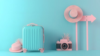 Blue suitcase and hat, camera with signpost on pastel blue background. travel concept. 3d rendering. 