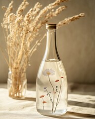 Poster - Minimalist Natural Aesthetic Clear Glass Bottle with Floral Design on Textured Beige Background