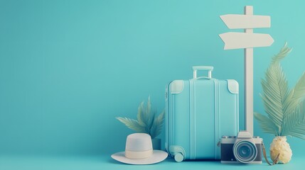 Blue suitcase and hat, camera with signpost on pastel blue background. travel concept. 3d rendering. 