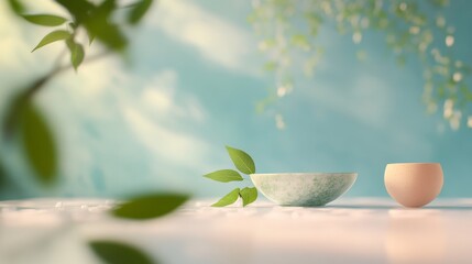 Poster - Minimalist Rice Water and Lime Arrangement with Abstract Pastel Background