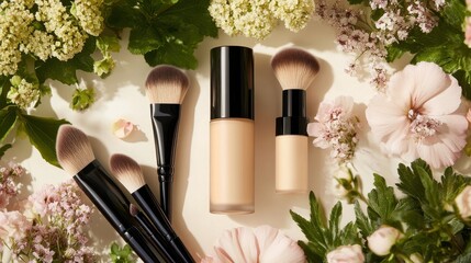 Elegant Display of Makeup Brushes and Foundation Among Florals