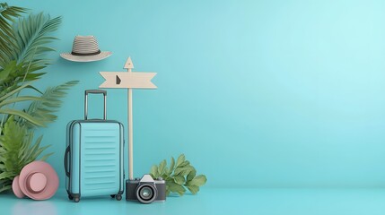 Blue suitcase and hat, camera with signpost on pastel blue background. travel concept. 3d rendering. 