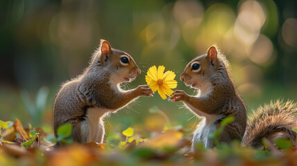 Two cute squirrels holding a yellow flower and giving it to each other, with a happy expression on their faces