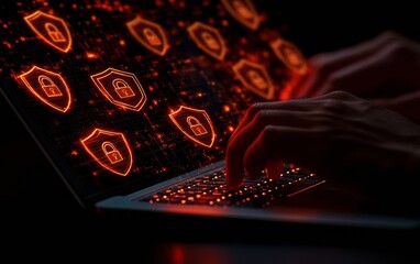 Leinwandbilder - Cybersecurity Focus Hands Typing on Laptop with Floating Locks and Shields