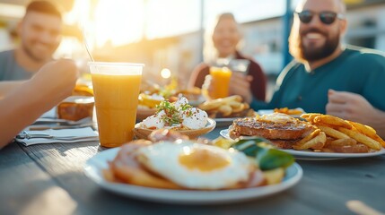 Enjoying a sunny outdoor meal with friends, featuring delicious food and refreshing drinks at a vibrant gathering.