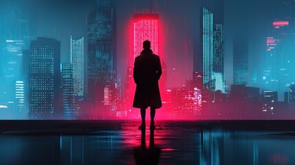 A solo professional programmer in a futuristic cityscape exploring the intersection of technology and isolation amidst urban digital aesthetics