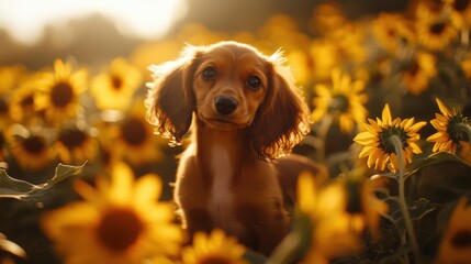 Wall Mural - Puppy in Sunflower Field.