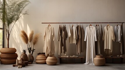 A collection of handcrafted linen garments displayed in a boutique, showcasing various styles and textures in a chic, contemporary setting.