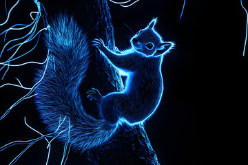 Neon blue silhouette of a climbing fox squirrel isolated on black background.