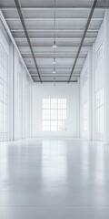 Poster - A large, empty room with a window and a light fixture hanging from the ceiling. The room is white and has a clean, minimalist feel