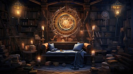 A magical pillow with glowing runes and enchanted designs, set in a fantasy-themed library with shelves of ancient books and mystical artifacts.