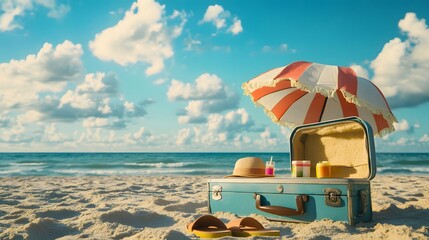 Beach Preparation - Accessories In Suitcase On Sand. 