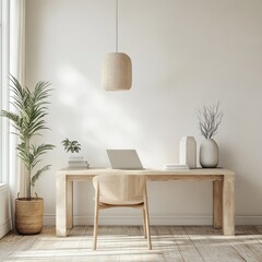 Poster - A wooden desk with a laptop and a chair. A potted plant is on the left side of the desk