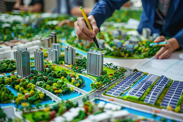 Fototapete - Urban planners sketching eco-friendly city layouts, solar panels, and green roofs, vibrant concept boards displayed