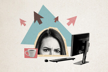 Composite photo collage of unhappy girl peek pc monitor wireless keyboard office workplace tiredness cursor isolated on painted background