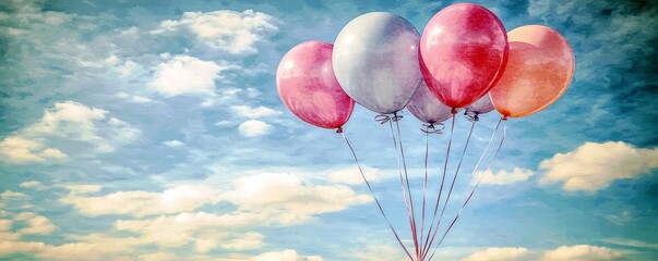 Poster - Vibrant Watercolor Balloons Against a Sky Background