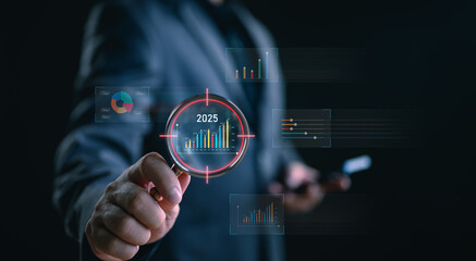 New target and goals for 2025, development plan for success, businessman shows Chart of company growth and development in the new year 2025, vision, strategy, plans, business challenges.